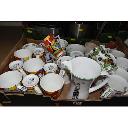 572 - SIX BOXES OF CERAMICS AND KITCHENWARE, to include a deep fat fryer, juicer, dinner ware, breakfast w... 