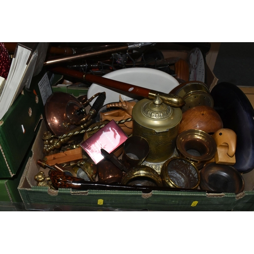 574 - SEVEN BOXES OF MISCELLANEOUS SUNDRIES, to include a copper kettle, brass ornaments, a sealed box of ... 