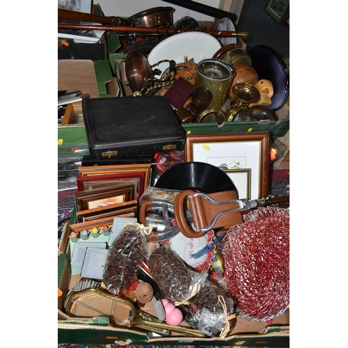 574 - SEVEN BOXES OF MISCELLANEOUS SUNDRIES, to include a copper kettle, brass ornaments, a sealed box of ... 