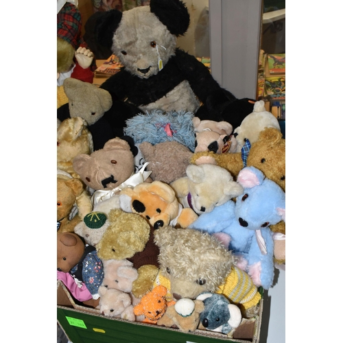 577 - TWO BOXES AND LOOSE TEDDY BEARS, over thirty examples, to include vintage and modern bears, a vinyl ... 