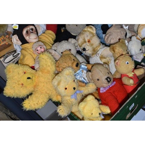 577 - TWO BOXES AND LOOSE TEDDY BEARS, over thirty examples, to include vintage and modern bears, a vinyl ... 