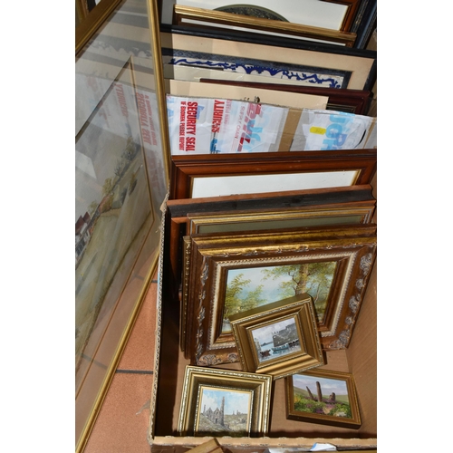 582 - A QUANTITY OF DECORATIVE PAINTINGS AND PRINTS ETC, to include river landscape oils on board signed L... 