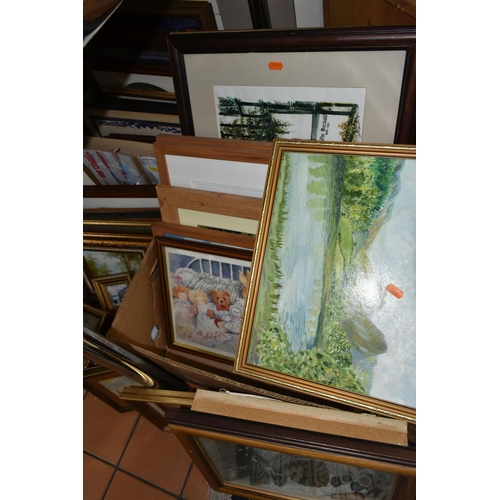 582 - A QUANTITY OF DECORATIVE PAINTINGS AND PRINTS ETC, to include river landscape oils on board signed L... 