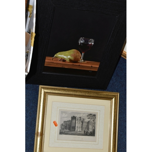 583 - TWO BOXES AND LOOSE PAINTINGS AND PRINTS ETC, to include a still life study of a glass of wine and a... 