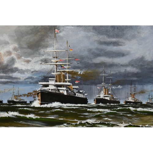 584 - RICHARD ADAMS (CONTEMPORARY) 'THE BRITISH FLEET CIRCA 1890', a copy after Eduardo De Martinos 'Chann... 