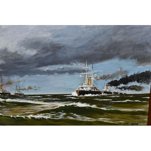 584 - RICHARD ADAMS (CONTEMPORARY) 'THE BRITISH FLEET CIRCA 1890', a copy after Eduardo De Martinos 'Chann... 