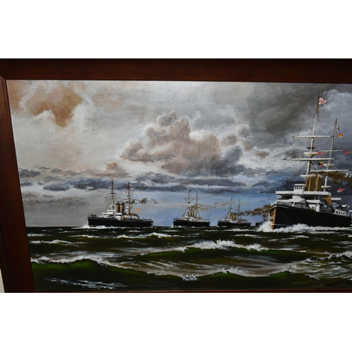 584 - RICHARD ADAMS (CONTEMPORARY) 'THE BRITISH FLEET CIRCA 1890', a copy after Eduardo De Martinos 'Chann... 