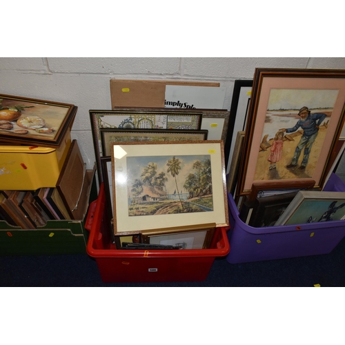 586 - FOUR BOXES AND LOOSE ASSORTED PICTURES AND PRINTS ETC, to include eleven Cash's woven bird pictures,... 