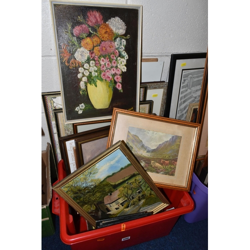 586 - FOUR BOXES AND LOOSE ASSORTED PICTURES AND PRINTS ETC, to include eleven Cash's woven bird pictures,... 