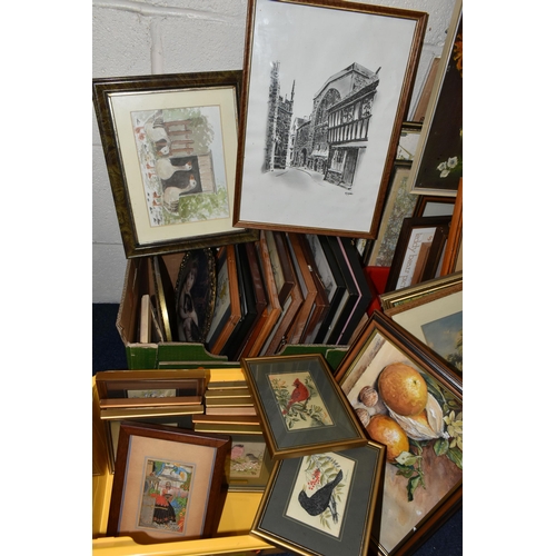 586 - FOUR BOXES AND LOOSE ASSORTED PICTURES AND PRINTS ETC, to include eleven Cash's woven bird pictures,... 