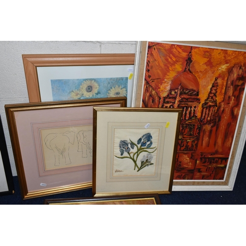 587 - PAINTINGS AND PRINTS ETC, to include an oil on board copy of  Ronald Copping painting of St Pauls Ca... 