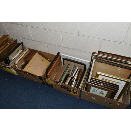 589 - FIVE BOXES AND LOOSE PRINTS AND PICTURE FRAMES ETC, to include a faded John Gregory King print with ... 