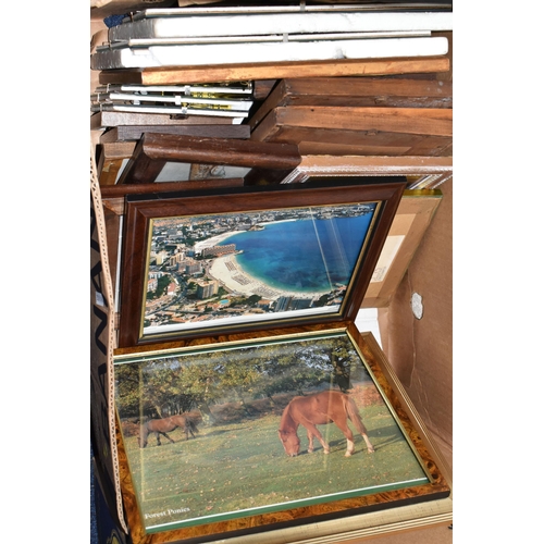 589 - FIVE BOXES AND LOOSE PRINTS AND PICTURE FRAMES ETC, to include a faded John Gregory King print with ... 