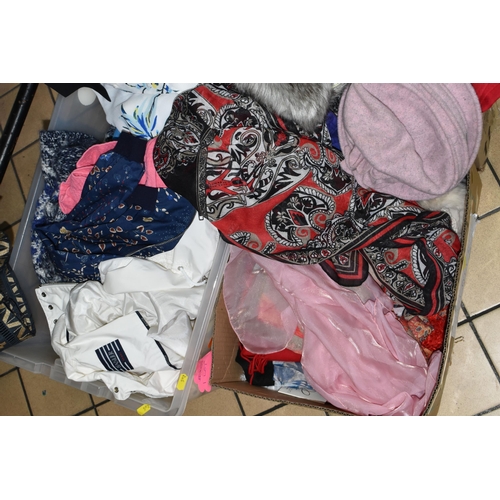 592 - FIVE BOXES OF WOMEN'S CLOTHING, to include skirts, tops, blouse, scarves, hats, cardigans and jacket... 