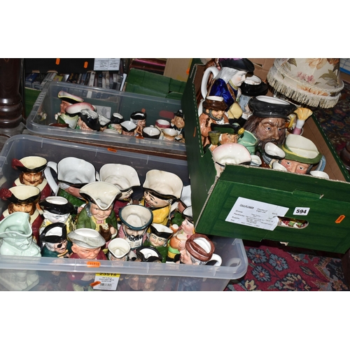 594 - THREE BOXES OF TOBY JUGS, to include approximately seventy pieces, some character jugs, a table lamp... 