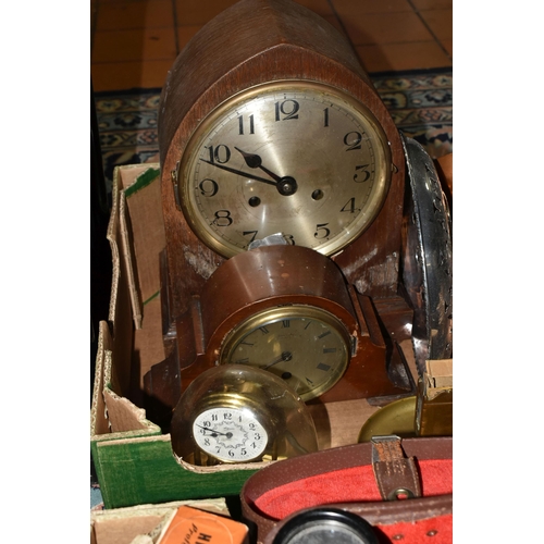 602 - TWO BOXES OF METALWARE AND SUNDRIES, to include a small Smiths sunburst wall clock, two wooden cased... 