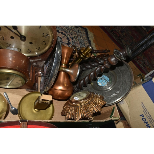 602 - TWO BOXES OF METALWARE AND SUNDRIES, to include a small Smiths sunburst wall clock, two wooden cased... 