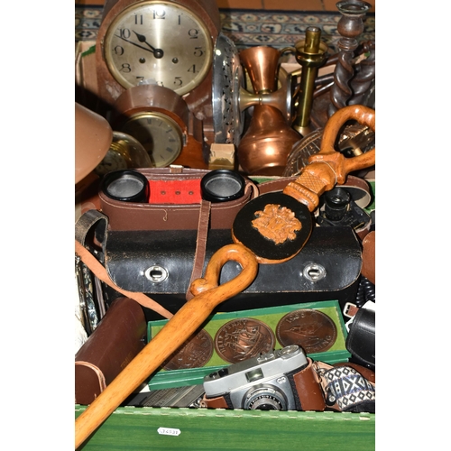 602 - TWO BOXES OF METALWARE AND SUNDRIES, to include a small Smiths sunburst wall clock, two wooden cased... 