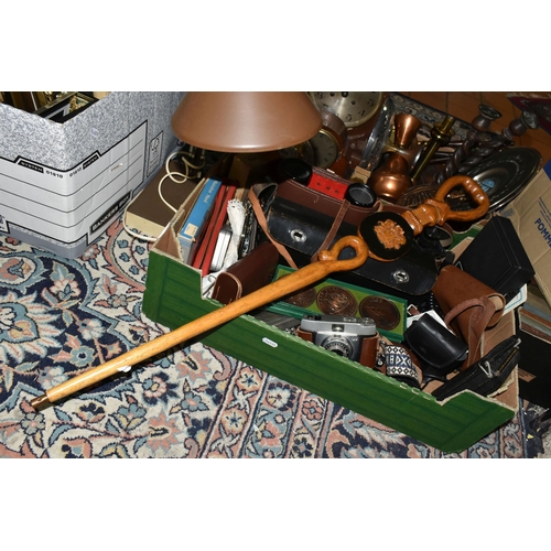 602 - TWO BOXES OF METALWARE AND SUNDRIES, to include a small Smiths sunburst wall clock, two wooden cased... 