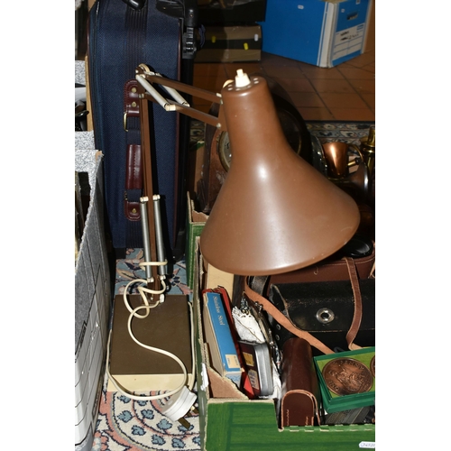 602 - TWO BOXES OF METALWARE AND SUNDRIES, to include a small Smiths sunburst wall clock, two wooden cased... 