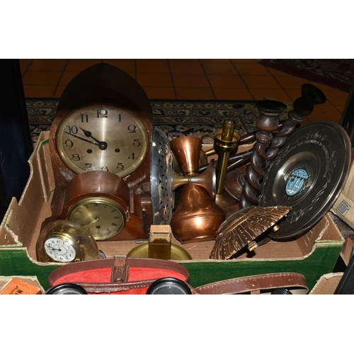 602 - TWO BOXES OF METALWARE AND SUNDRIES, to include a small Smiths sunburst wall clock, two wooden cased... 