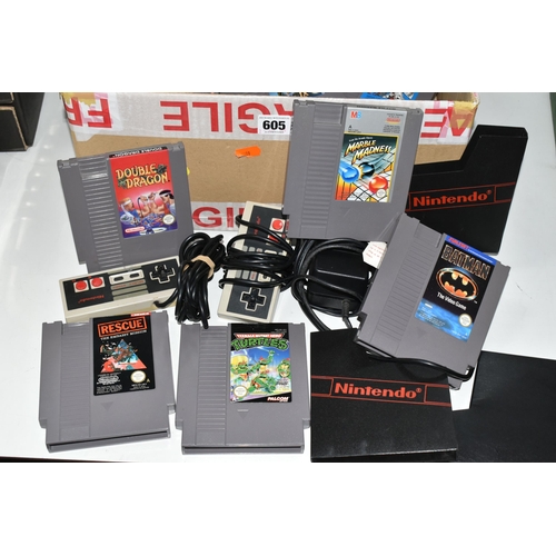 605 - NINTENDO NES CONSOLE AND GAMES, includes Super Mario Bros, Super Mario Bros 3, Double Dragon, Teenag... 