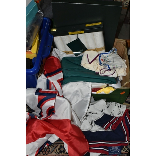 608 - SIX BOXES AND LOOSE CLOTHING, ACCESSORIES AND SUNDRY ITEMS, to include a mustard yellow, white and b... 