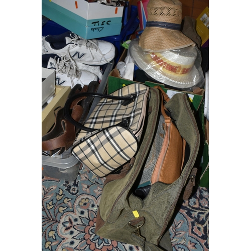 608 - SIX BOXES AND LOOSE CLOTHING, ACCESSORIES AND SUNDRY ITEMS, to include a mustard yellow, white and b... 