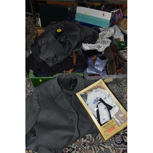 608 - SIX BOXES AND LOOSE CLOTHING, ACCESSORIES AND SUNDRY ITEMS, to include a mustard yellow, white and b... 