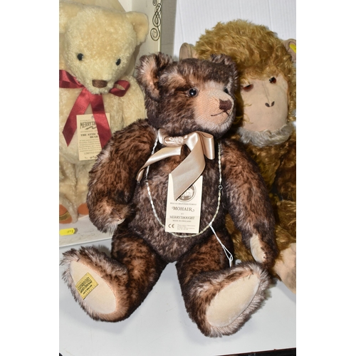 611 - TWO MERRYTHOUGHT BEARS AND A VINTAGE MERRYTHOUGHT MONKEY, the monkey has articulated limbs, height 7... 