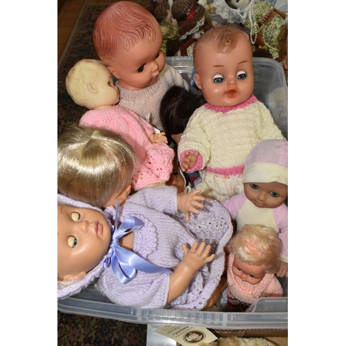 612 - THREE BOXES OF MISCELLANEOUS DOLLS, approximately thirty dolls ranging from 1960s/1970s and 1980s, a... 