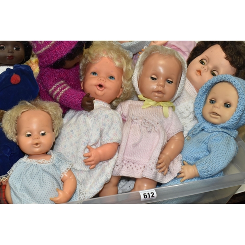 612 - THREE BOXES OF MISCELLANEOUS DOLLS, approximately thirty dolls ranging from 1960s/1970s and 1980s, a... 