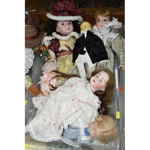 613 - TWO BOXES OF BISQUE HEAD COLLECTOR'S DOLLS, to include approximately eighteen dolls in various style... 