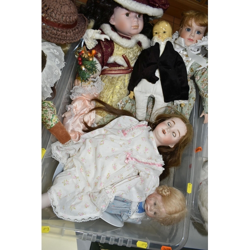 613 - TWO BOXES OF BISQUE HEAD COLLECTOR'S DOLLS, to include approximately eighteen dolls in various style... 