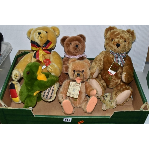 616 - ONE BOX OF SIX HERMANN TEDDY ORIGINAL BEARS AND FROG, to include a musical limited edition 314/500 b... 