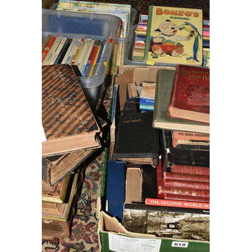 618 - FOUR BOXES OF ASSORTED BOOKS AND CHILDREN'S ANNUALS, to include twenty one 'Blue Peter' annuals, ele... 