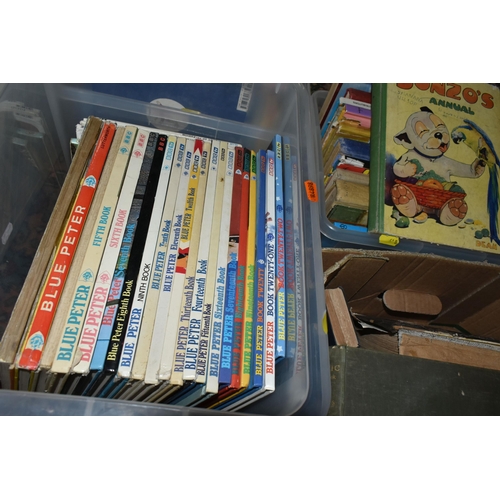 618 - FOUR BOXES OF ASSORTED BOOKS AND CHILDREN'S ANNUALS, to include twenty one 'Blue Peter' annuals, ele... 