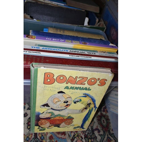 618 - FOUR BOXES OF ASSORTED BOOKS AND CHILDREN'S ANNUALS, to include twenty one 'Blue Peter' annuals, ele... 