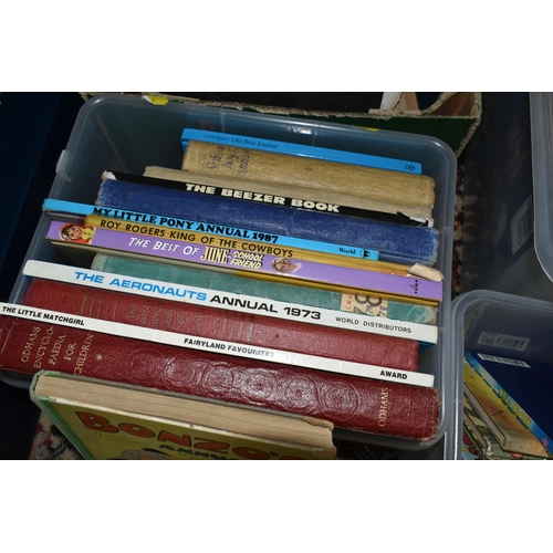 618 - FOUR BOXES OF ASSORTED BOOKS AND CHILDREN'S ANNUALS, to include twenty one 'Blue Peter' annuals, ele... 