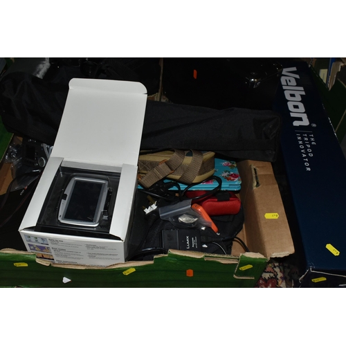 619 - TWO BOXES OF ELECTRICAL SUNDRIES, to include a Canon card photo printer CP-100 with soft case and in... 