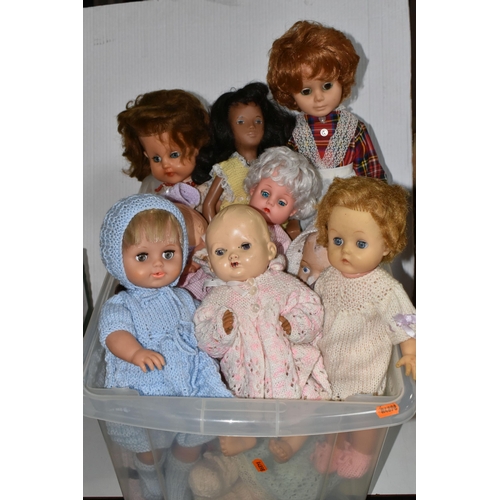 621 - TWO BOXES OF MISCELLANEOUS DOLLS, to include over twenty dolls, mainly mid 20th Century, assorted st... 