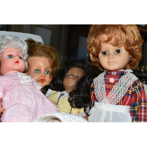 621 - TWO BOXES OF MISCELLANEOUS DOLLS, to include over twenty dolls, mainly mid 20th Century, assorted st... 