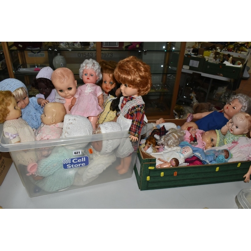 621 - TWO BOXES OF MISCELLANEOUS DOLLS, to include over twenty dolls, mainly mid 20th Century, assorted st... 