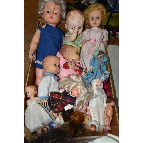 621 - TWO BOXES OF MISCELLANEOUS DOLLS, to include over twenty dolls, mainly mid 20th Century, assorted st... 