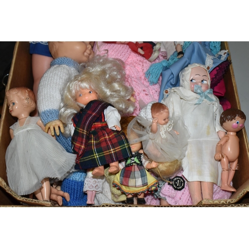 621 - TWO BOXES OF MISCELLANEOUS DOLLS, to include over twenty dolls, mainly mid 20th Century, assorted st... 