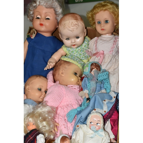 621 - TWO BOXES OF MISCELLANEOUS DOLLS, to include over twenty dolls, mainly mid 20th Century, assorted st... 