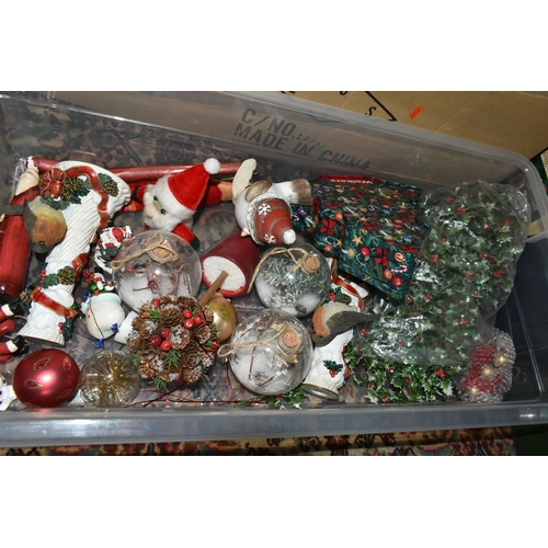 623 - NINE BOXES OF CHRISTMAS DECORATIONS, to include a large quantity of baubles, ribbons, packs of paper... 