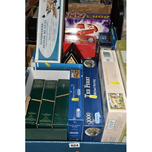 624 - THREE BOXES OF JIGSAWS AND BOARD GAMES, to include two sealed Gibsons jigsaws, sealed HOP jigsaw and... 