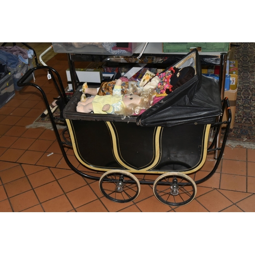 625 - ONE BOX OF DOLLS CLOTHES AND TWO VINTAGE DOLL'S PRAMS, to include a very large quantity of assorted ... 