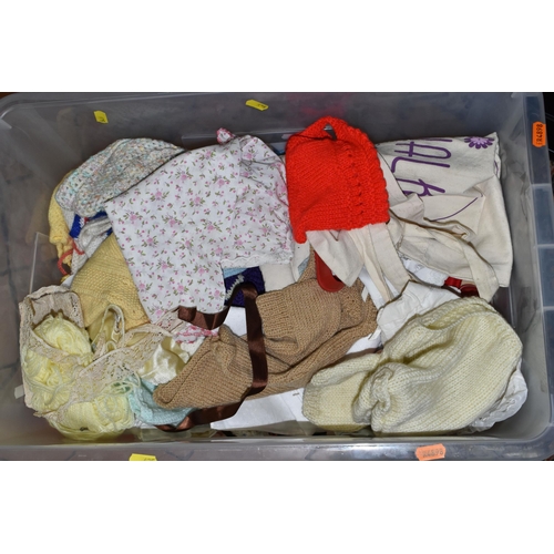 625 - ONE BOX OF DOLLS CLOTHES AND TWO VINTAGE DOLL'S PRAMS, to include a very large quantity of assorted ... 